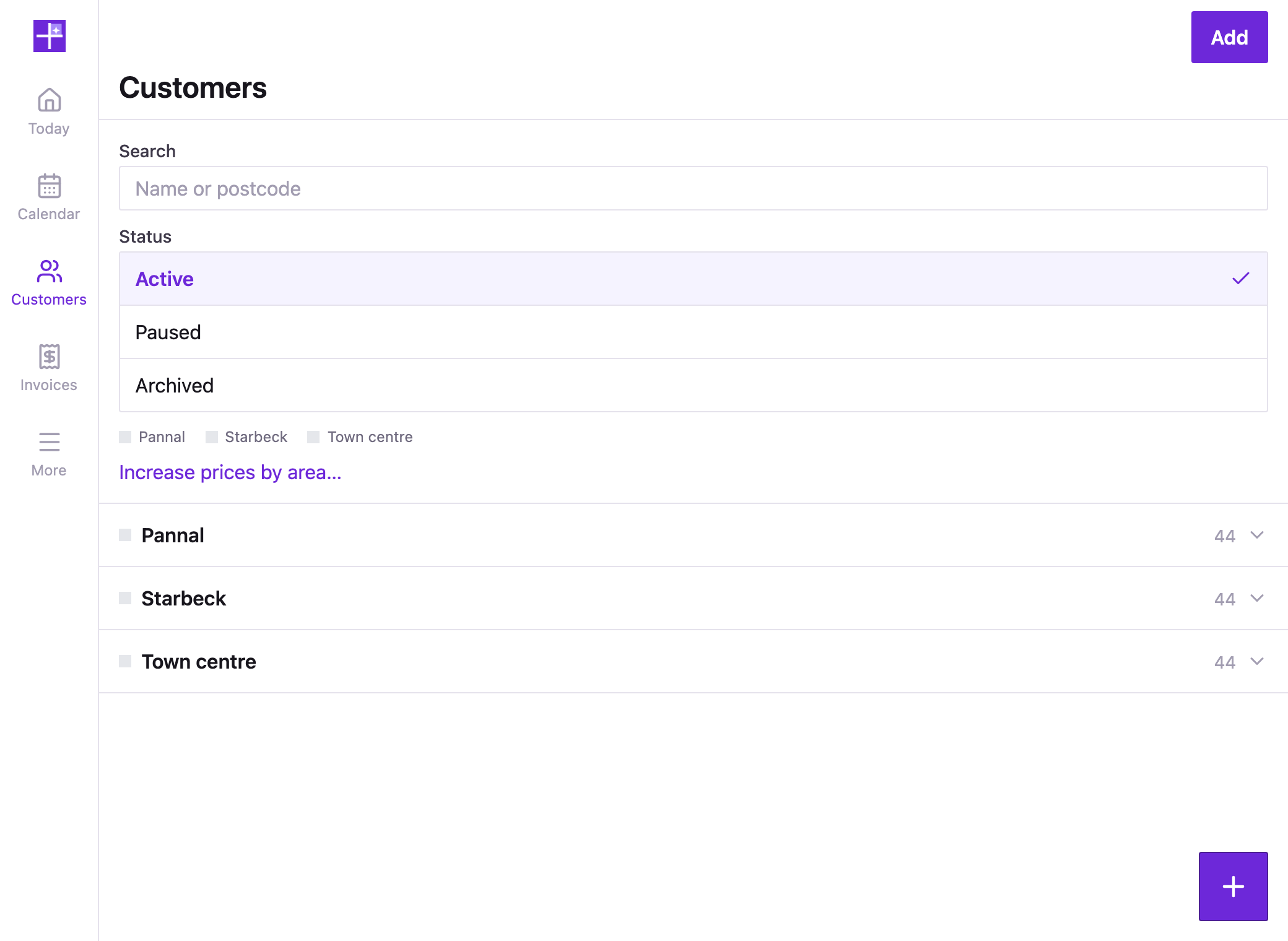The customer list, grouped by the area of town they are in, with a bulk price increase a tap away.
