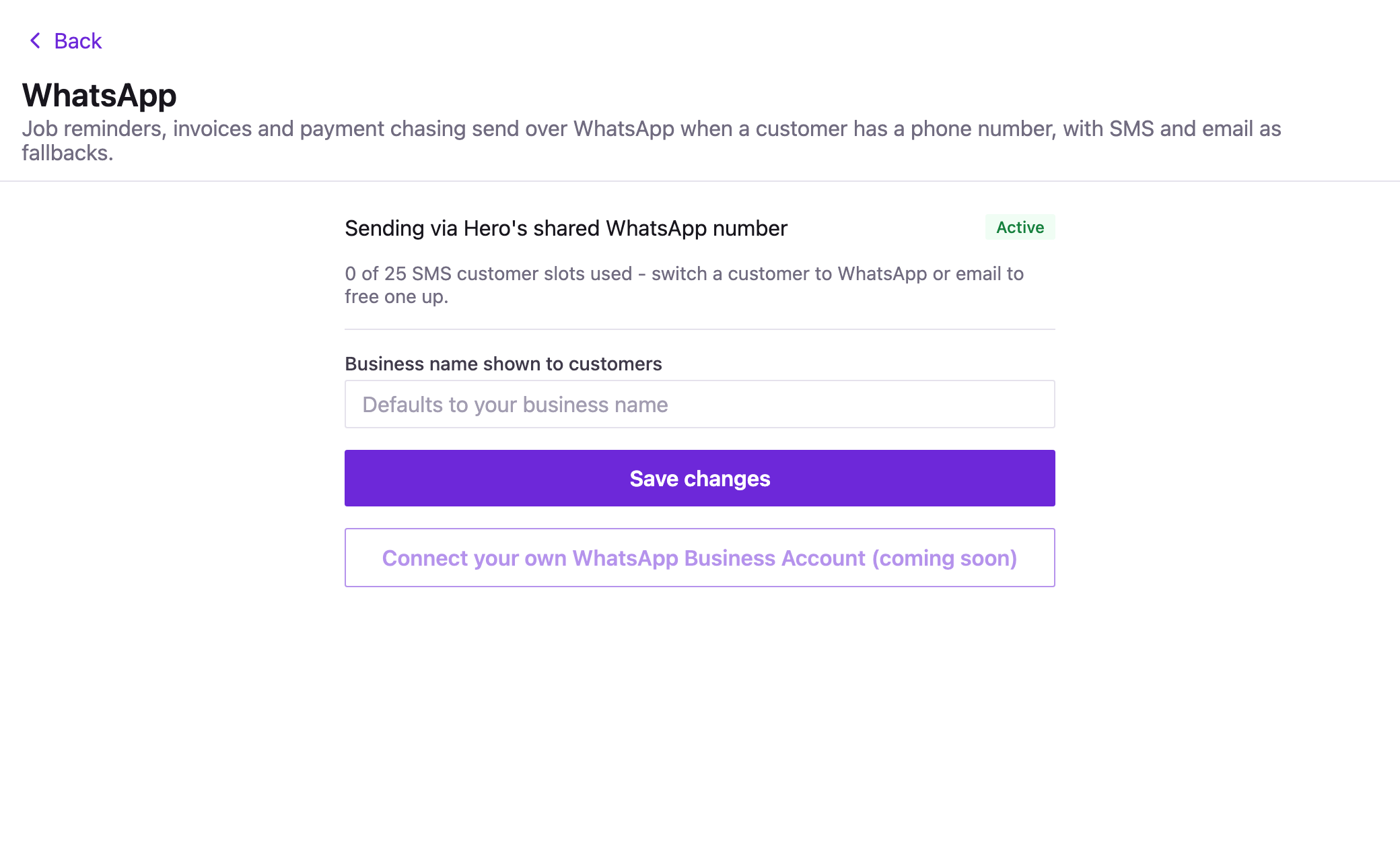 Messaging settings: which number your customers hear from, and how many of them are set to receive a text instead.