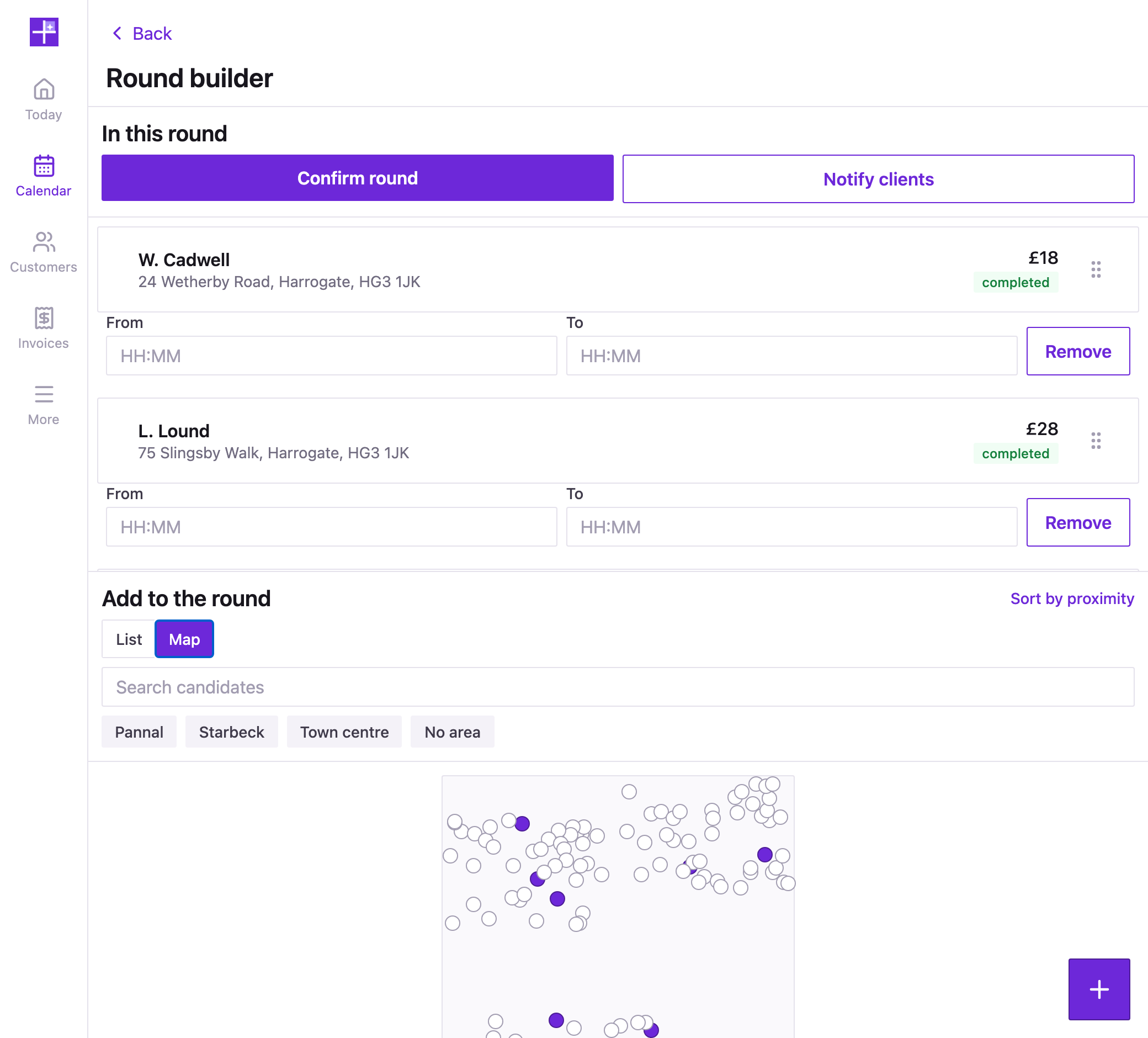 The round on a map: every job and every customer still to add shown as a pin, so you can see whether the day clusters sensibly or zig-zags across town.