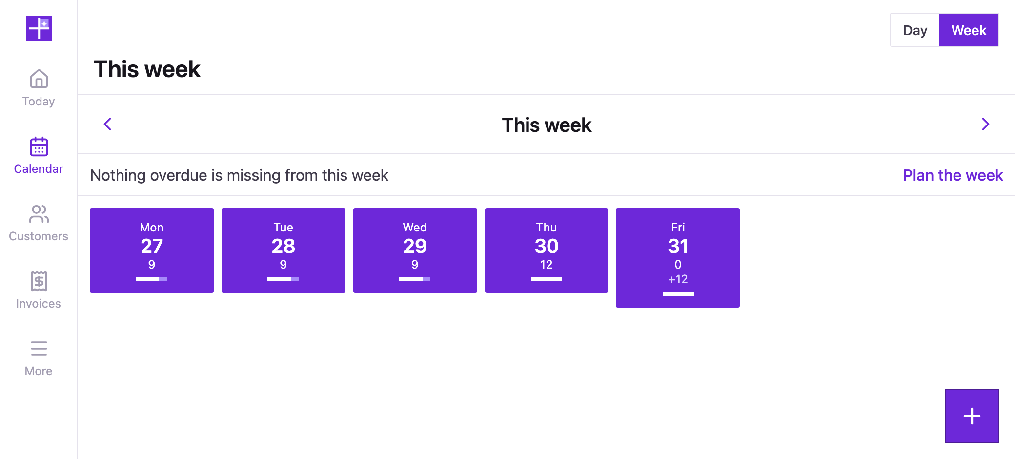 The week at a glance: how many jobs land on each day, so an overloaded Thursday is obvious before you reach it.